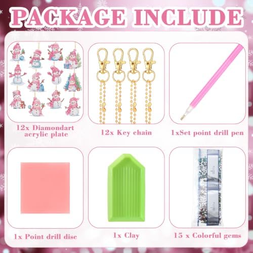 Ferraycle 12 Pcs Diamond Art Christmas Ornaments Snowman Diamond Painting Kit 5d DIY Art Keychains Winter Hanging Ornaments for Kids Winter Home Crafts Decorations(Pink)