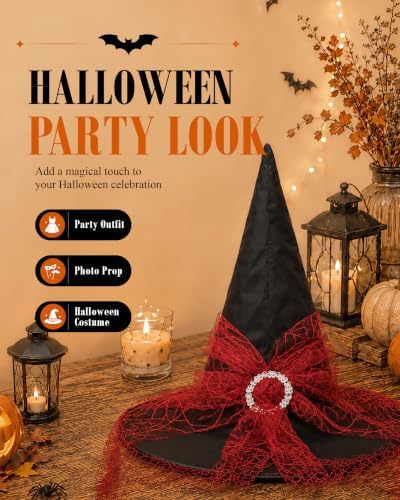 Edoneery Halloween Witch Hat for Women, Mesh Lace Cosplay Costume Accessory