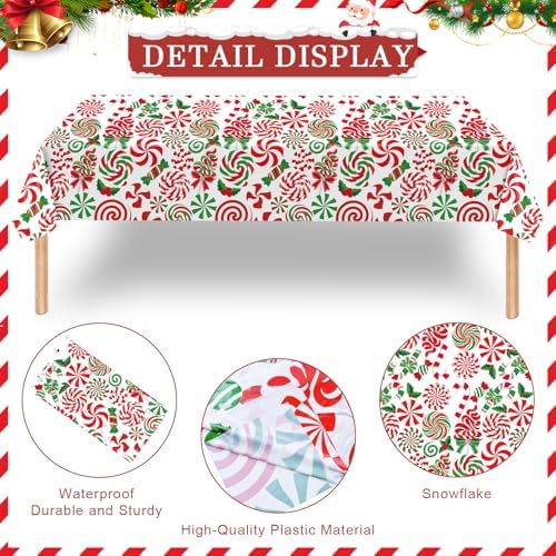 3-Piece 54 x 108 Inch Christmas Peppermint Plastic Tablecloth – Red and Green Disposable Rectangle Table Covers with Candy Cane and Lollipop Design for Holiday Christmas Winter Celebrations