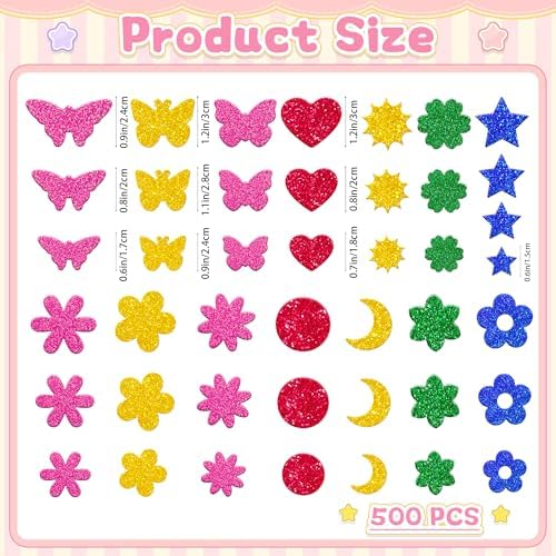 500Pcs Foam Stickers Glitter 3D Spring Foam Shape Stickers,Heart Star Moon