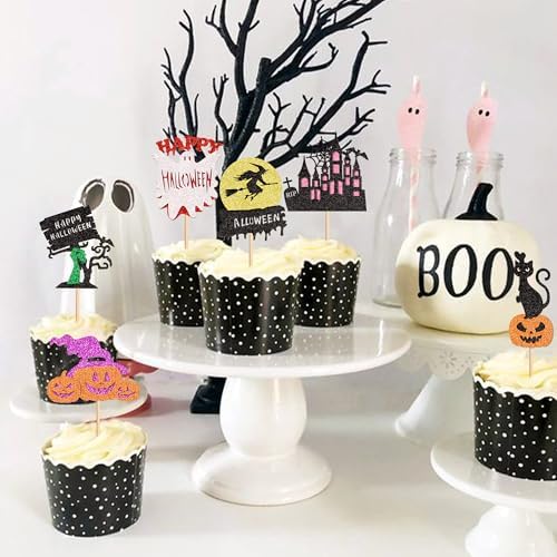 Ercadio 30Pcs Happy Halloween Cupcake Toppers Witch Pumpkin Black House Bats Cats Cupcake Picks for Gender Reveal Halloween Birthday Cupcake Decorations Halloween Party Supplies