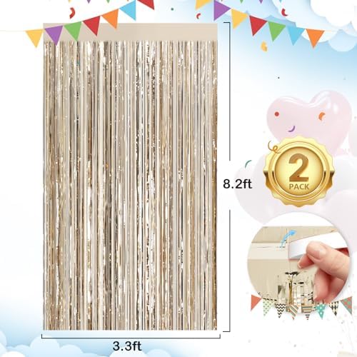 Champagne Gold Party Decoration, 2 Pack Tinsel Backdrop Foil Fringe Curtain