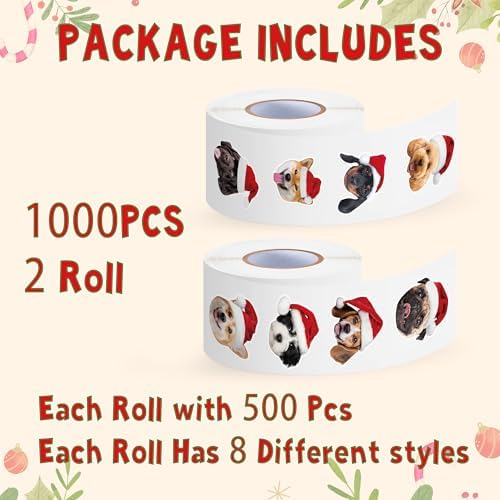 H1vojoxo Christmas Dog Sticker Rolls - 1000PCS Christmas Dog Stickers for Kids 16 Designs Xmas Cute Dogs Realistic Stickers for Craft Water Bottles Holiday Cute Dogs Sticker for Envelopes Gift Decor