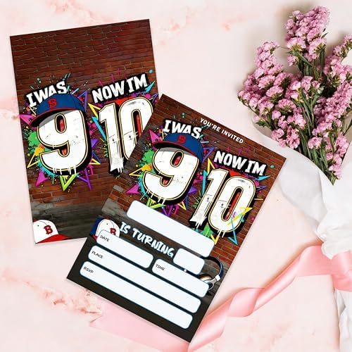 4x6 I Was 9 Now I'm 10" Urban 10th Birthday Invitation Set (20 Cards + 20 Envelopes) – Street Style Sports Themed Party Invites.(171)