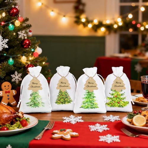 G2PLUS 24Pcs Christmas Drawstring Burlap Gift Bags - 4X6 In Christmas Advent Calendar Bags, 4 Design Xmas Tree Burlap Bag, White Treat Goody Bag for Xmas Holiday Party Favors