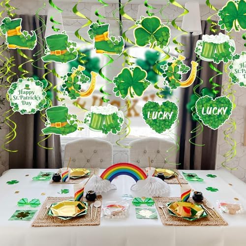 FRIDAY NIGHT 30Pcs St. Patrick's Day Hanging Decorations Irish Shamrock Foil Swirls Green Lucky Paper Cutouts Saint Patricks Day Party Decor for Ceiling Wall Irish Holiday Party Supplies