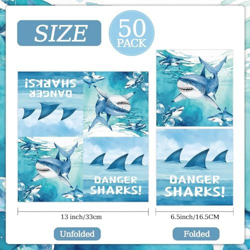 50 Pcs Shark Paper Napkins 6.5 x 6.5 Inches, Ocean Shark Theme Disposable Luncheon Dinner Party Napkins Cocktail Napkin for Under The Sea Party Decorations (Shark)