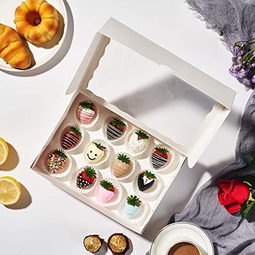 4 Pack 10x7x2.5Inches White Strawberry Boxes with Display Window, Bakery Dessert Containers for Cookies, Donuts, Macarons, Muffins & Hot Cocoa Bombs, Elegant Gift Packaging for Treatss