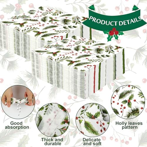 50 PCS Christmas Luncheon Napkins Xmas Berries and Pine Disposable Napkins 3-Ply Holly Berry Greenery Paper Napkins for Christmas Home Kitchen Holiday party Supplies