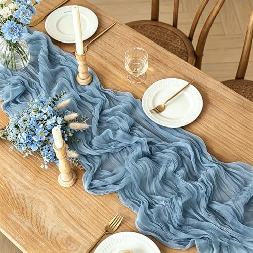 3Pcs Blue Table Runner, 10FT Boho Dust Blue Cheesecloth Table Runners 35*120inch for Wedding Bridal Shower Baby Shower Table Centerpiece Decorations