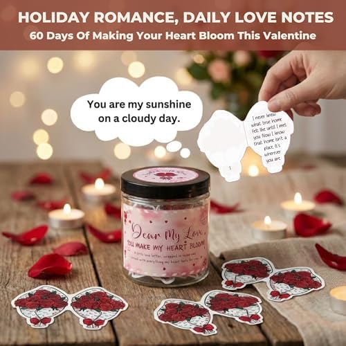 Love Notes Jar with 60 Romantic Messages - Valentines Day Gifts for Him, Her - Romantic Long Distance Relationship Gifts for Him, Her - Sweet Love Keepsake for Couples, Gift-Ready Jar
