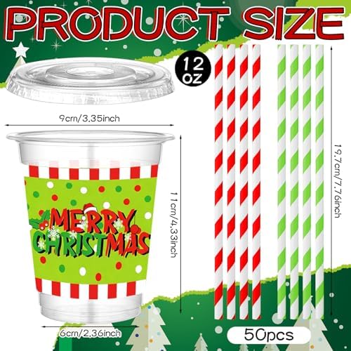 Jingmore 50 Pcs Merry Christmas Plastic Clear Cups with Lids and Straws