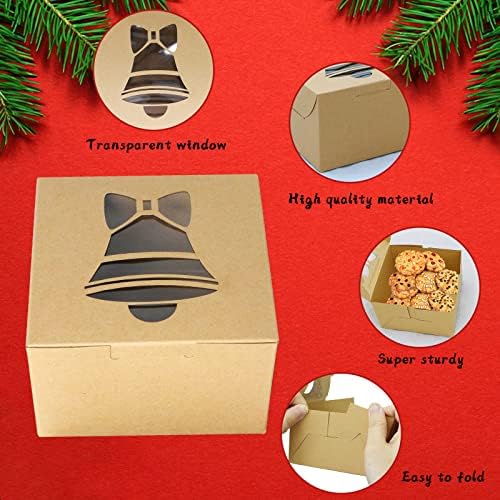 ZMCINER 24 Pieces Christmas Cookie Boxes Christmas Bakery Box with Window for Pastries, Cupcakes, Brownies, Cookies,Donuts, Brown Kraft Bakery Boxes 4"x 4"x 2.5"