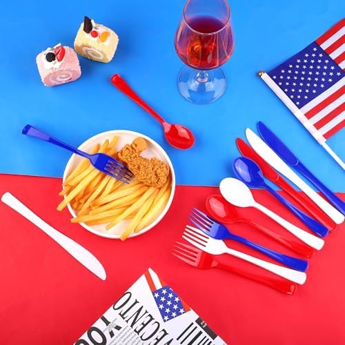 Kochorie 300 Pieces 4th of July Plastic Silverware, Heavy Duty Independence Day Cutlery Set, Disposable Plastic Utensils Includes Spoons Forks Knives for Memorial Day Veterans Day, Red Blue White