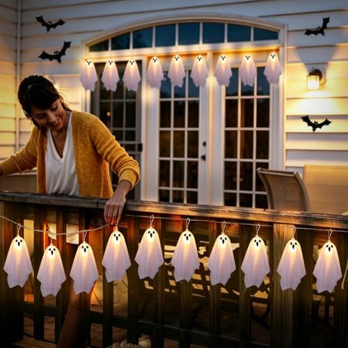 Halloween Lights Outdoor Indoor 10FT 10 LED 3D Ghost Lights Halloween String Lights Battery Operated Ghost Garland with Lights, Halloween Decorations for Mantle Fireplace Porch Yard Window Party Decor
