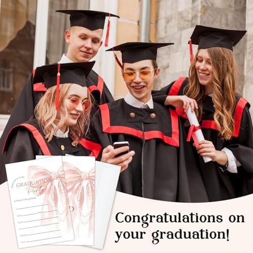 Pink Bow Graduation Invitations 2026 with Envelopes - 20 Pack Class of 2026 Graduation Party Invitations, 4x6 Inch Fill-in Graduation Announcements for High School or College - A08