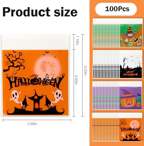 100 PCS Halloween Treat Ziplock bags(4x4 Inch) Self-sealing Candy Cookie Goodie Goody Small Gift Wrap Bags for Halloween Party Favors Supplies Decorations Spider Web Bat Pumpkin Pouches Table Decor