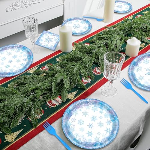 96 Pieces Snowflake Winter Tableware Set – Blue Disposable Plates, Napkins, and Forks for Frozen Birthday Parties, Christmas Dinners, Holiday Gatherings, and Winter Celebrations – Serves 24 Guests