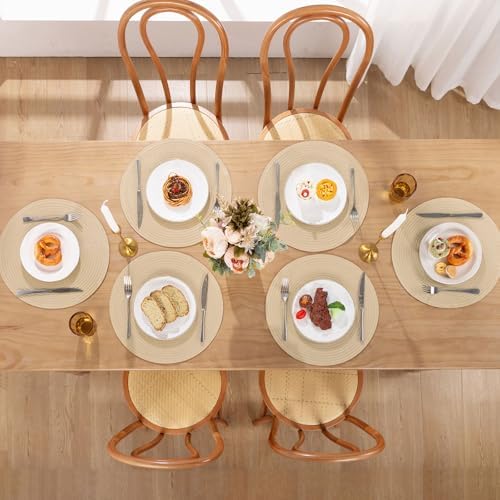 SHACOS 15 inch Round Placemats Set of 8 for Dining Table Cotton Polyester Braided Place Mats Washable Kitchen Table Mats for Dinner Party Table (Light Beige, 8)