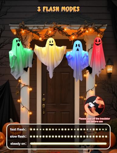 Halloween Decorations Outdoor Indoor 4 Pack Hanging Ghosts Halloween Haunted House Light Up Kit Decor for Tree House Yard Porch Window Bedroom Party