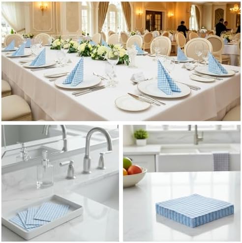 NatNarr 80 Pk Gingham Napkins Light Blue Napkins Disposable, 6.5"