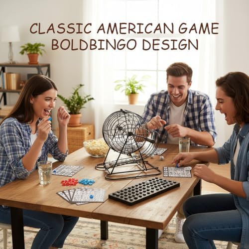 Bingo Cage Game Set for Adults and Youths，Premium Bingo Set includes 8inch rotating metal cage, 75 bingo balls, 18 cards, 150 chips, and foldable main board. Ideal for family bingo and parties