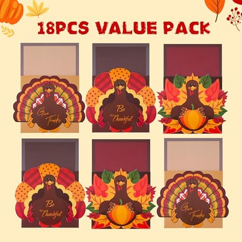 JOYIN 18PCS Thanksgiving Cutlery Holders Set, Thanksgiving Turkey Utensil Décor, Autumn Fall Harvest Party Supplies, ThankYou Cards, Table Decoration, Party Favors