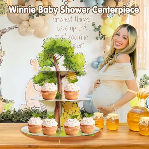 Winnie Cupcake Stand, 3-Tier Cardboard Cupcake Holder for Classic Winnie Bear Baby Shower Birthday Cupcake Decorations