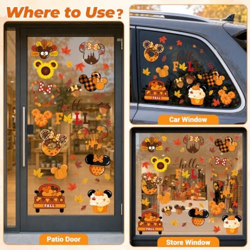 Fall Window Clings, Autumn Pumpkin Static Stickers for Glass, 60 Designs