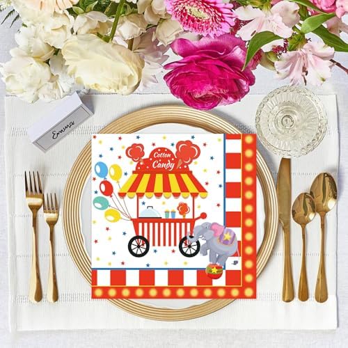 50 Pcs Carnival Paper Napkins 6.5 x 6.5 Inches, Circus Birthday Theme Disposable Luncheon Dinner Party Napkins Cocktail Napkin for Baby Shower Birthday Party Decorations (Carnival)