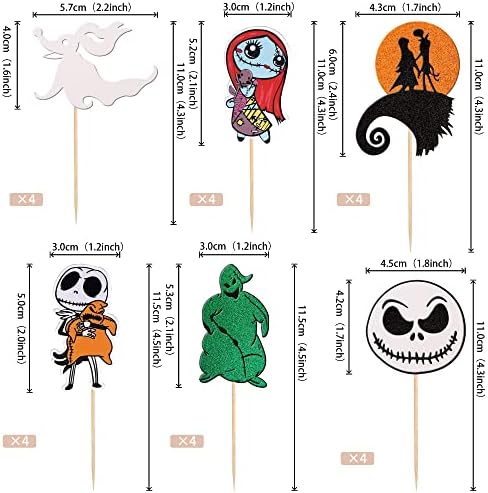 24 PCS Jack Skellington Halloween Cupcake Toppers Glitter Skull Ghost Jack and Sally Cupcake Picks for Nightmare Theme Wedding Anniversary Birthday Party Cake Decorations Supplies