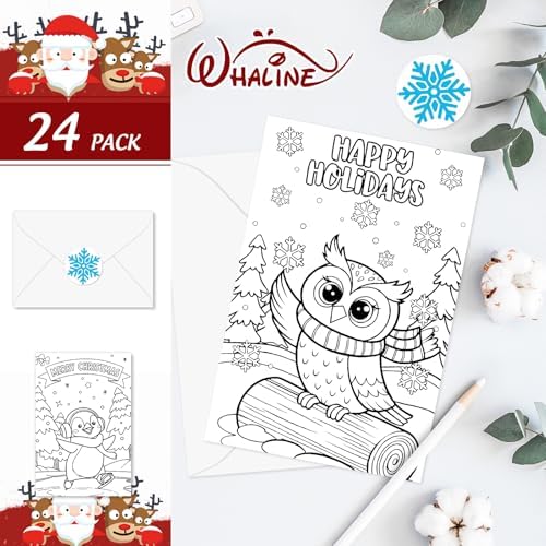 Whaline 24 Packs Winter Christmas Color Your Own Cards Greeting Card DIY Coloring Cartoon Animal Note Cards with Envelopes and Stickers for Xmas Holiday Baby Shower Student Crafts