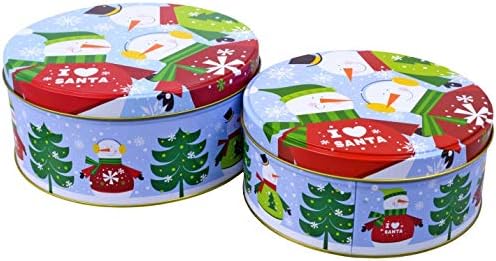 Round Nesting Tins With Holiday Print Designs Bundle of 2 Round Metal Tins with Lids for Cookies, Candy, Food Presents - 1- 6 and 3/4 Inches and 1- 6 inches Diameter