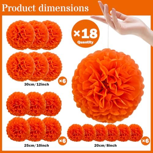 Recosis Orange Party Decorations, 18 Pcs Paper Pom Poms Decorations