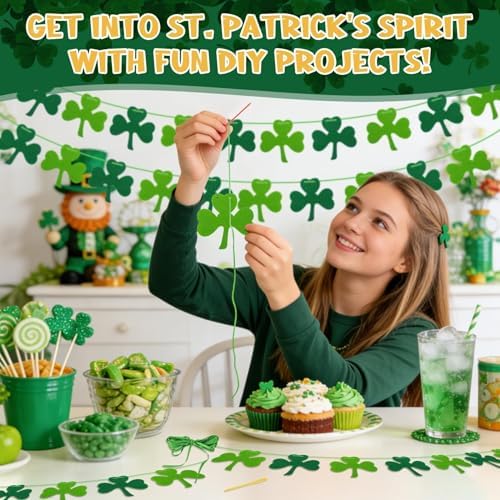 RAINFLOW 60PCS St Patrick's Day Shamrock Garland - 9.8FT Felt Clover Banner