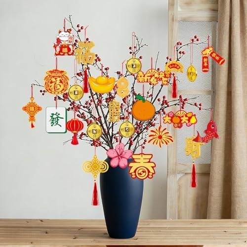 KYMY Chinese New Year Hanging Ornaments Set – 30pcs Red & Gold Lucky Decorations with Coins, Fu Charms & Lanterns, 2026 Zodiac Horse Year Spring Festival Pendants for Tree, Branch & Home Decor