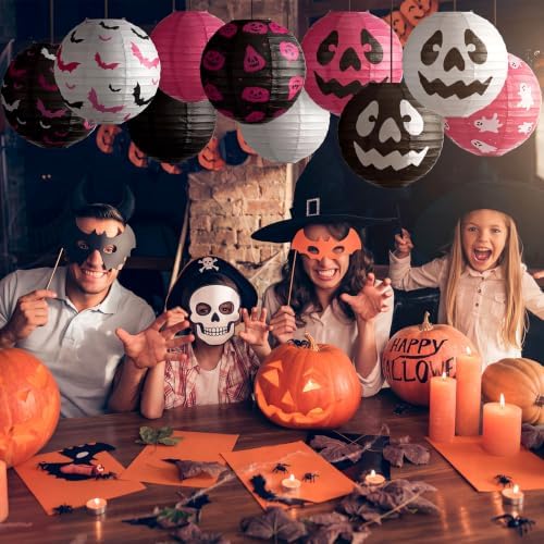 Bencailor 16 Pcs Halloween Paper Lanterns Ghost Bat Pumpkin Halloween Party Paper Lanterns Black White Red Round Hanging Party Decorations for Holiday Indoor Outdoor Decor