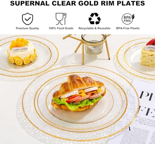 Ciaell 150PCS Clear Gold Plastic Plates - Disposable Gold Rim Plates include 25Dinner Plate, 25Dessert Plate, 25Forks, 25Knives, 25Spoons, 25Cups for Wedding & Party (Pack of 2)
