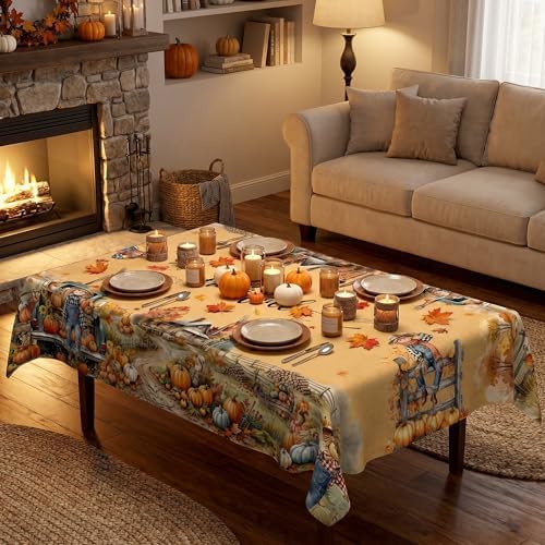 Fall Tablecloth 52x70 Inch Rectangle, Fall Harvest Decorations for Home Table Cloth, Truck Scarecrow Pumpkin Decor Washablae Seasonal Autumn Thanksgiving Tablecloths Polyester for Picnic Party Dinner