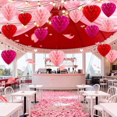 JULMELON 18 PCS Valentine's Day Party Heart Decorations, Red Pink Magenta Heart Paper Honeycomb Balls Hanging Valentines Day Ornaments Galentines Day Decor for Wedding Bridal Shower Party