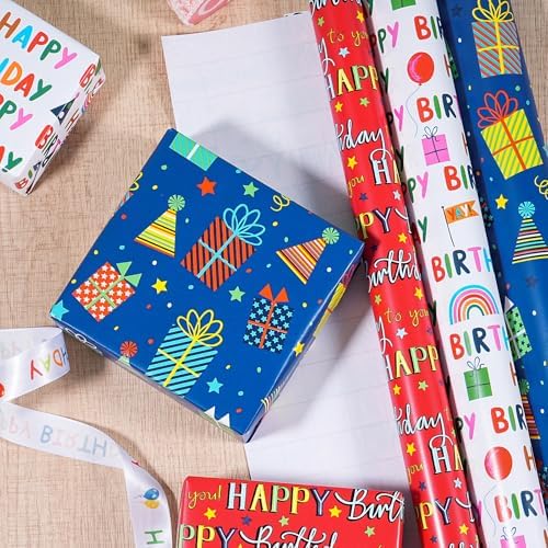 WRAPAHOLIC Birthday Wrapping Paper Roll - 3 Mini Rolls - 17 Inch x 120 Inch Per Roll - Gift Box and Happy Birthday Wrapping Paper for Boys Girls Kids, Baby Shower