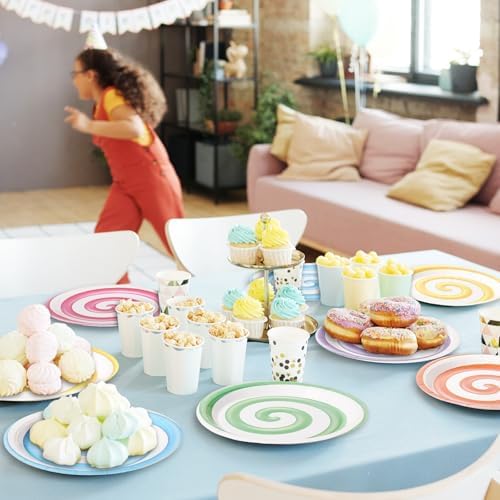 Whaline Candyland Party Paper Plates 9 Inch Pastel Disposable Salad Dessert Plates 6 Colors Lollipop Tableware for Sweet Shop Themed Birthday Baby Shower Supplies, 24 Pcs