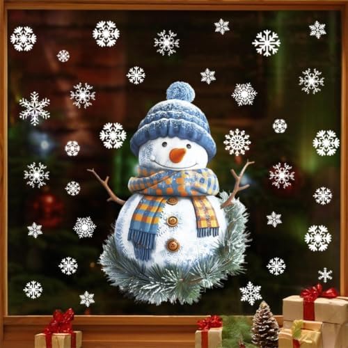 Christmas Window Clings Blue Snowman Window Stickers with Green Garland Double Sided White Snowflake Window Decals Removable Glass Decals for Holiday Home Classroom Party Seasonal Ornaments