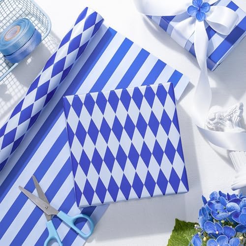 RUSPEPA Reversible Wrapping Paper Roll, Mini Roll, Blue and White Stripes and Diamond Pattern Gift Wrap for Birthday, Wedding, Baby Shower, Easter, Father's Day, Graduation, 17 Inches x 16.4 Feet