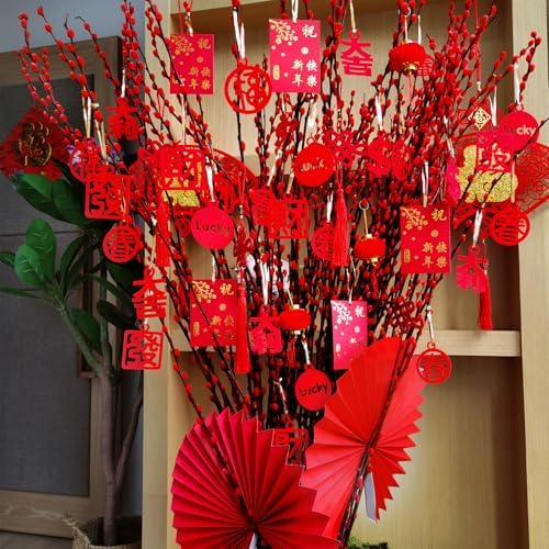 Winlyn 106 Pcs Chinese New Year Decorations Chinese Hanging Good Luck Ornaments Red Lanterns Festive Tree Ornaments Paper Fans for Asian Chinese Lunar New Year 2026 Year of The Horse Party Decor