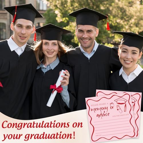 JarThenaAMCS 50Pcs Pink Graduation Memory or Advice Cards Single Sided Congrats Grad Message Card with Cap & Diploma Design for Girls High School College Kindergarten Graduation Party Favor Supplies