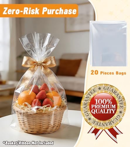 Yuiicaov 20PCS Cellophane Bags, 12x18 Inches Cellophane Wrap for Gift Large Clear Gift Party Favors Bags Clear Treat Plastic Packaging Bags for Cookie Candy Goodie (No Gusset)