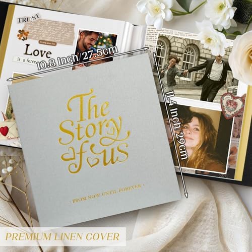 Lanpn Couples Scrapbook Photo Album - The Story of Us, Linen Wedding Anniversary Self Adheisve Picture Book holds 4x6 5x7 A5 Photo for Love Newlywed Valentine's Day (Small 20 Sheets/40 Pages, Grey)