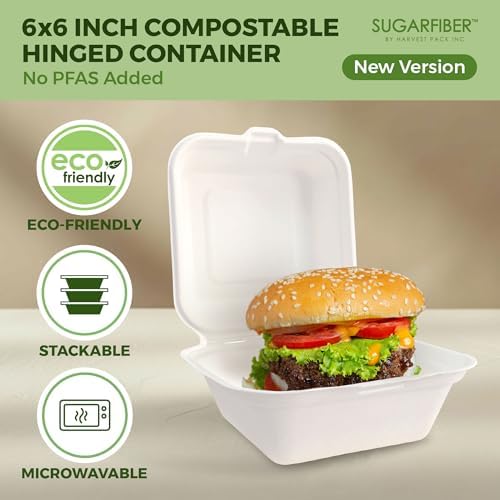 6X6 inch Compostable White Clamshell Take Out Food Containers with Lids