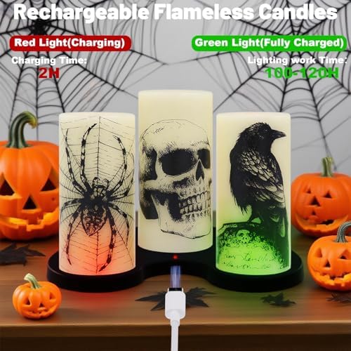Eldnacele Rechargeable Skull Halloween Flameless Candles with Remote Timer